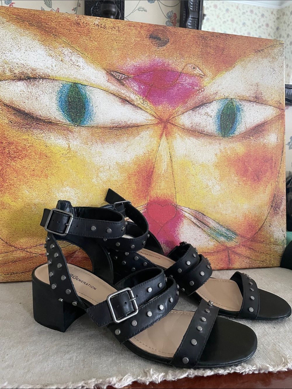 BCBGeneration Black Studded Block Heel Sandals with Buckles 9m